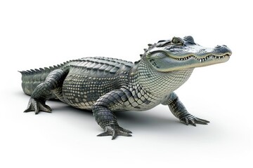 Obraz premium A realistic alligator sculpture sitting on a white surface, perfect for use in wildlife or educational contexts