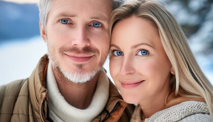 Obraz premium Close-up of a mature, beautiful Scandinavian couple consisting of a young Nordic Caucasian man and a young European Scandinavian woman who are in love. The shot shows details of their faces