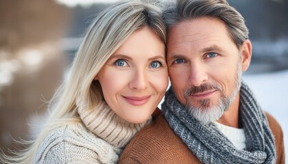 Obraz premium Close-up of a mature, beautiful Scandinavian couple consisting of a young Nordic Caucasian man and a young European Scandinavian woman who are in love. The shot shows details of their faces