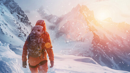 Naklejka premium Backpacker treks a snowy mountain trail during sunrise