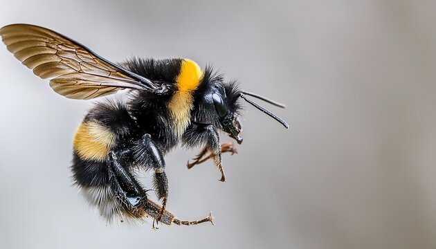 Wild American bumblebee - Bombus pensylvanicus - flying mid air with wings extended. Isolated on grey blue background side profile view