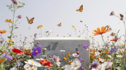 Monarch butterflies flutter among a vibrant array of summer wildflowers surrounding a concrete block under a clear sky.