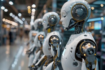 Fototapeta premium Line of humanoid robots in a futuristic setting, displaying complex mechanics and artificial intelligence.