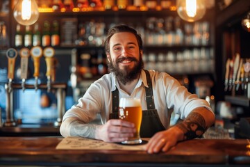 Portrait of a happy barman serving beer at the counter of a bar