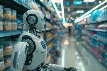 Robot in a grocery store aisle, equipped with advanced sensors and designed for customer assistance.