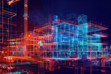 Fototapeta premium Neon lights illuminate the construction site as buildings are being built