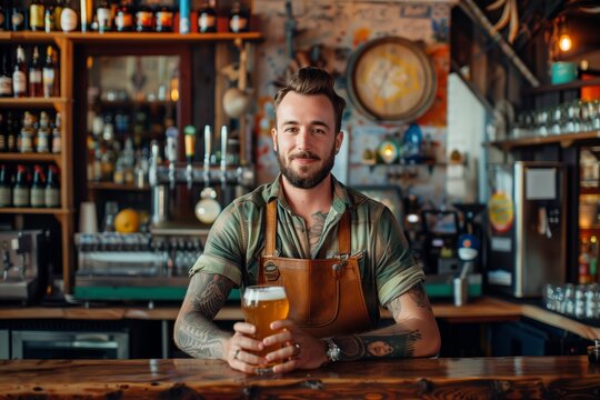 Portrait of a barman serving beer at the counter of a bar