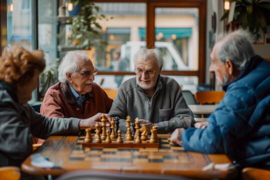 Senior Friends Playing Chess in a Community Center, Promoting Social Interaction Among the Elderly Population