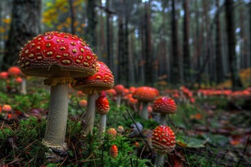 A dense forest floor covered in numerous red mushrooms