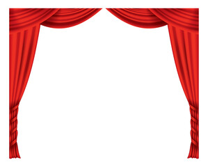 Red curtains realistic. Theater fabric silk decoration for movie cinema or opera hall. Curtains and draperies interior decoration object. Isolated on transparent for theater stage