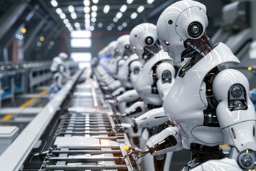Fototapeta premium A series of humanoid robots positioned along an assembly line in a high-tech factory, each performing specific tasks.