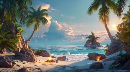 A sandy beach scene with palm trees and a campfire, ideal for outdoor or nature-themed projects