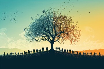 Illustration of Population Growth Over Time with Tree Metaphor and Generational Branches