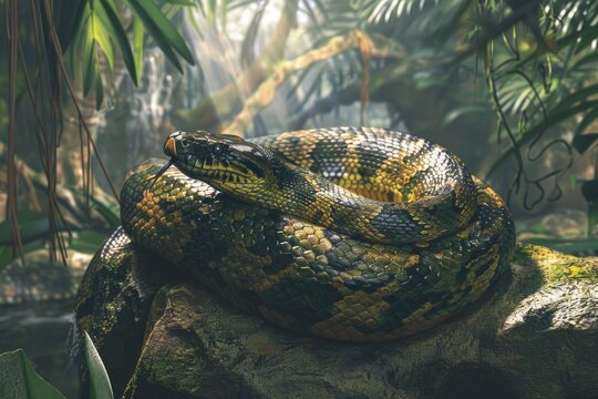 A large snake sits atop a rocky outcropping, its body curled around the stone