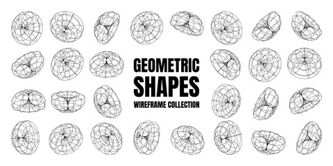 Wireframe lined shapes. Perspective mesh, 3d grid. Low poly geometric elements. Retro futuristic design elements, y2k, vaporwave and synthwave style. Vector illustration