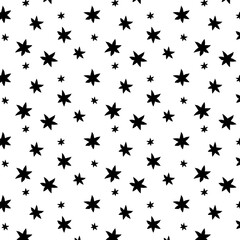 Pattern with stars on a white background, black and white seamless background, simple hand-drawn print