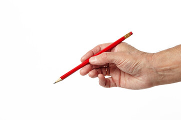 Male hand holding a pencil isolated on white background. Artist draws with pencil