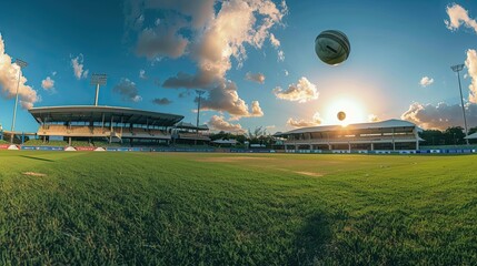 panoramic view of a cricket ground with the ball high in the air and the sun setting behind the stands
