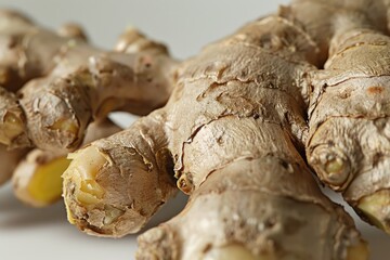 Fototapeta premium Close-up shot of fresh ginger roots on a wooden table