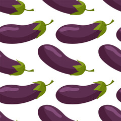 Seamless pattern with Eggplant, dark purple vegetable. Vector icon vegetable. Agricultural market product. Foodstuff from grocery store. Print For wallpaper, wrapping, packing, textile, scrapbooking