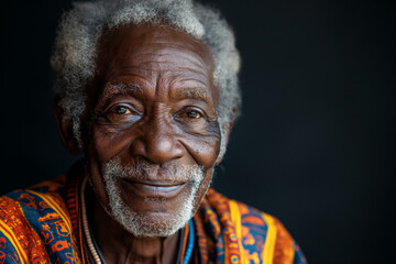Close-up portrait of an elderly black man with grey hair and a warm smile in traditional clothes