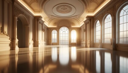 Fototapeta premium A cozy and spacious hall with warm lighting, large windows, and elegant decor, offering a welcoming and inviting atmosphere.