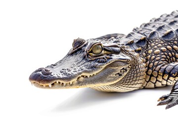 A close-up shot of a small alligator resting on a white surface