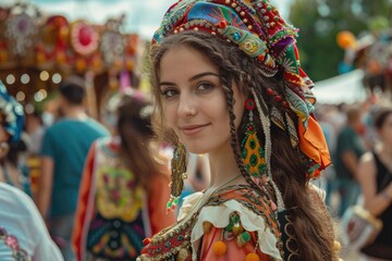 A woman wearing a vibrant headpiece at an outdoor celebration, suitable for use in images related to festivals, cultural events, or fashion photography