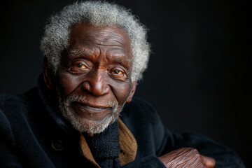 Portrait of an elderly black man with white hair in jacket against blank black background for ads