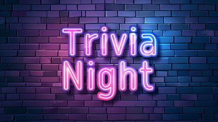 Vibrant blue brick wall background with a bright neon sign that reads 'trivia night'