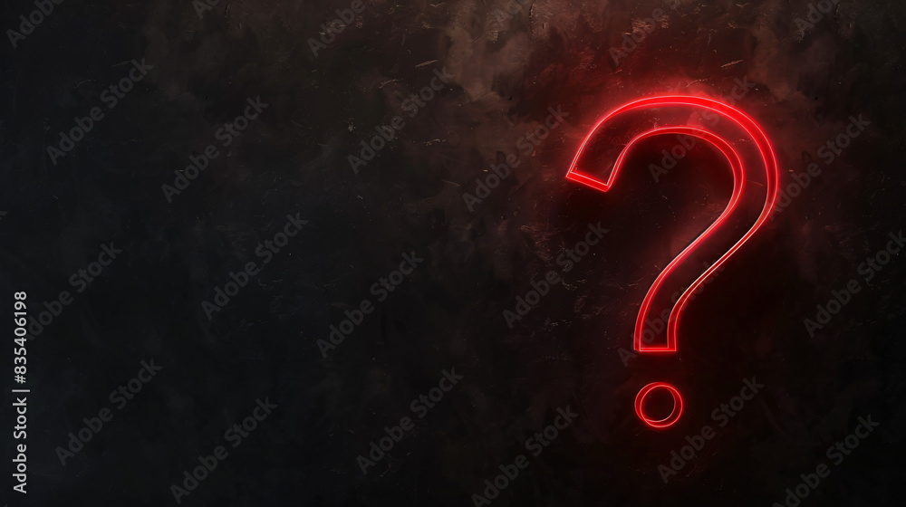 Poster glowing red neon question mark against a dark grunge texture background