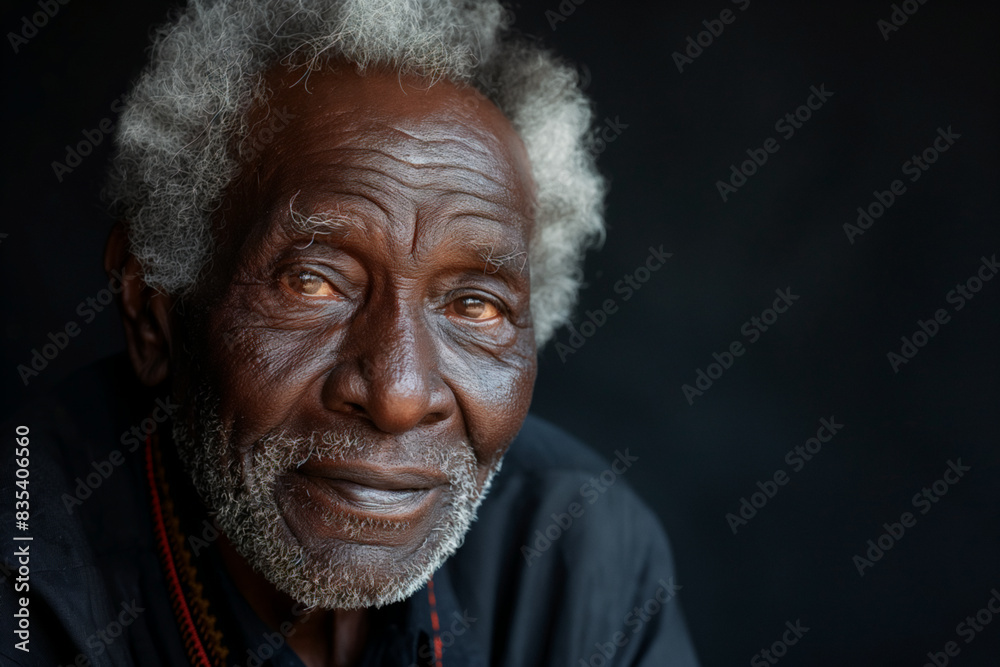 Wall mural portrait of an elderly black man with grey hair at blank black background with copyspace for ads