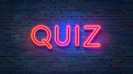 Obraz premium Vibrant neon sign spelling quiz against a dark brick wall, perfect for trivia and game concepts