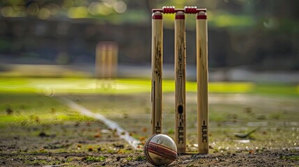 The cricket ball captured just before it lands on the pitch, with stumps and bails in the background