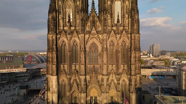 Koelner Dom Cologne Germany drone aerial backwards upwards sunny day