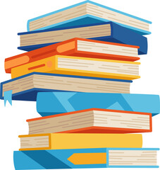 High book stacks or pile. Library textbooks and school literature heaps, dictionaries. Bookstore advertise. Cartoon stacked books angle view with different colorful covers isolated on white