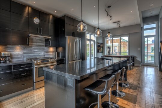 A modern kitchen with a large central island featuring stools for seating