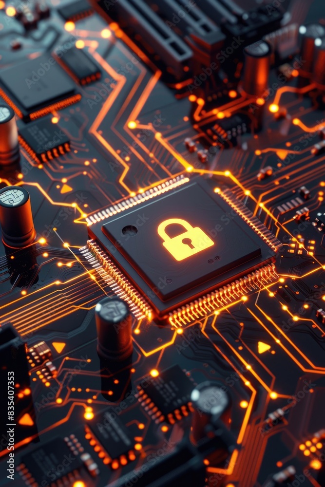 Poster a close-up image of a circuit board featuring a padlock, suitable for use in technology and security