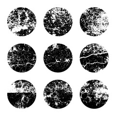 Grunge circles with stains and scratches. Circle brush stroke, round shape design element. Distressed dirty text frame, border, sticker or label. Paintbrush, ink stains. Vector illustration