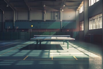 A ping pong table in an empty room