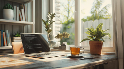 Cozy home office with stylish desk and laptop