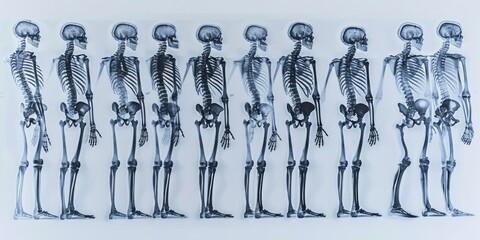 A collection of skeletons standing in a row, perfect for depicting scenes of horror or death