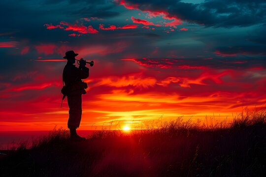 Mournful Taps Echo at Sunset A Buglers Tribute on a Hilltop