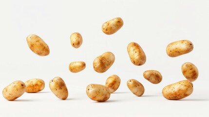 A group of potatoes suspended in mid-air, possibly caught in a whirlwind or lifted by strong winds