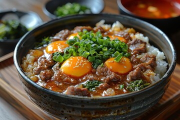 Donburi - Rice bowl topped with beef (gyudon), chicken (oyakodon), or seafood. 