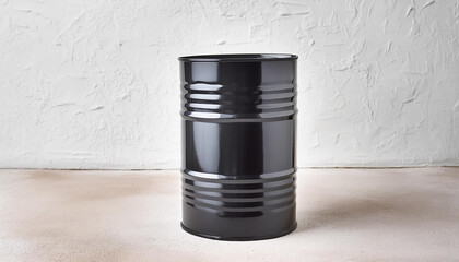 Black metal barrel in front of white textured wall. Chemical storage for petroleum products.