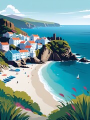 A quaint, picturesque beautiful seaside town with geographical features like rocky cliffs, sandy beaches reminiscent of those found in Cornwall, U.K. 