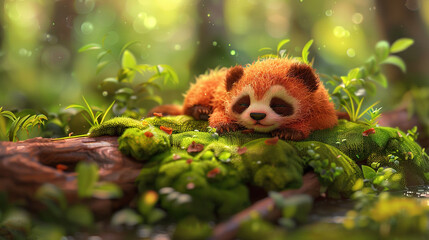 Fototapeta premium Red panda resting atop leafy forest tree