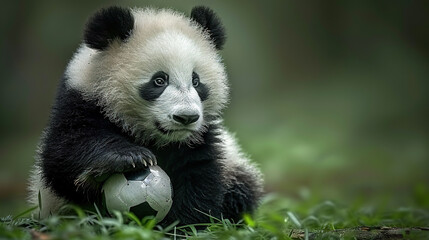 Obraz premium Black and white panda bear playing with ball in grassy area surrounded by trees and grass
