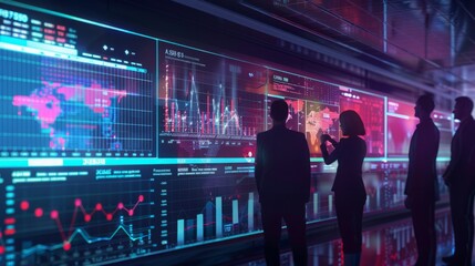 A diverse group of individuals standing in front of an interactive display, observing and interacting with the content.